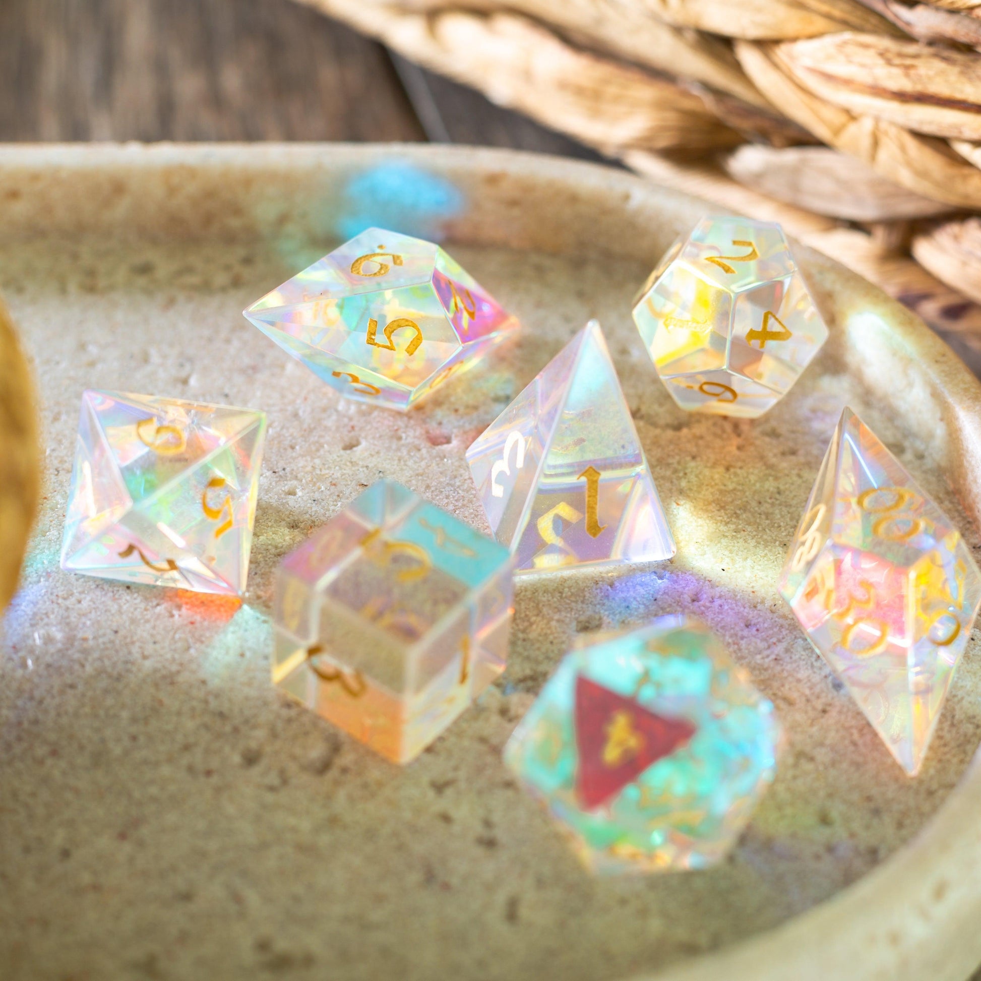 Gemstone Dichroic Glass Elven Cut DND Dice Set Runic Dice