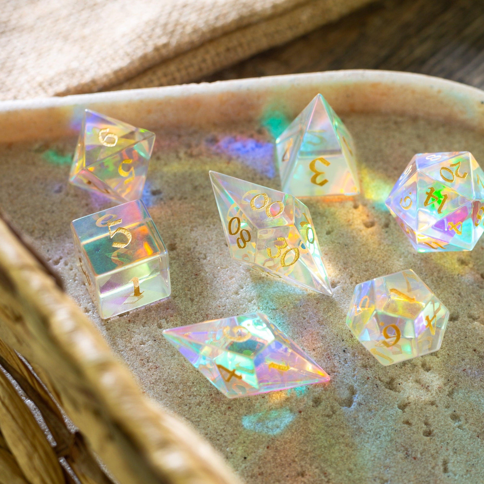 Gemstone Dichroic Glass Elven Cut DND Dice Set Runic Dice