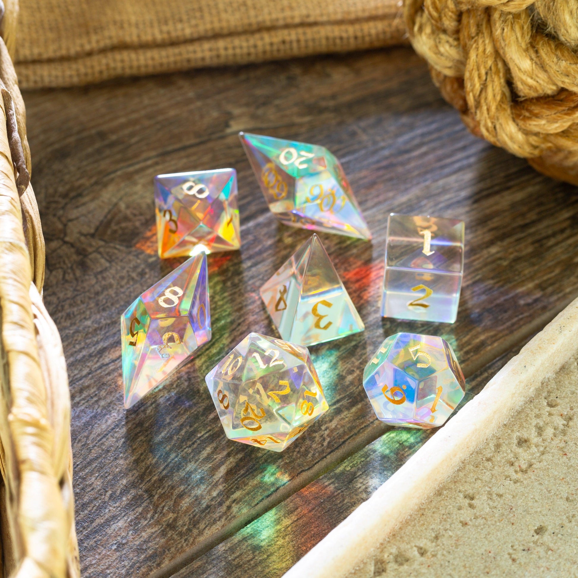 Gemstone Dichroic Glass Elven Cut DND Dice Set Runic Dice