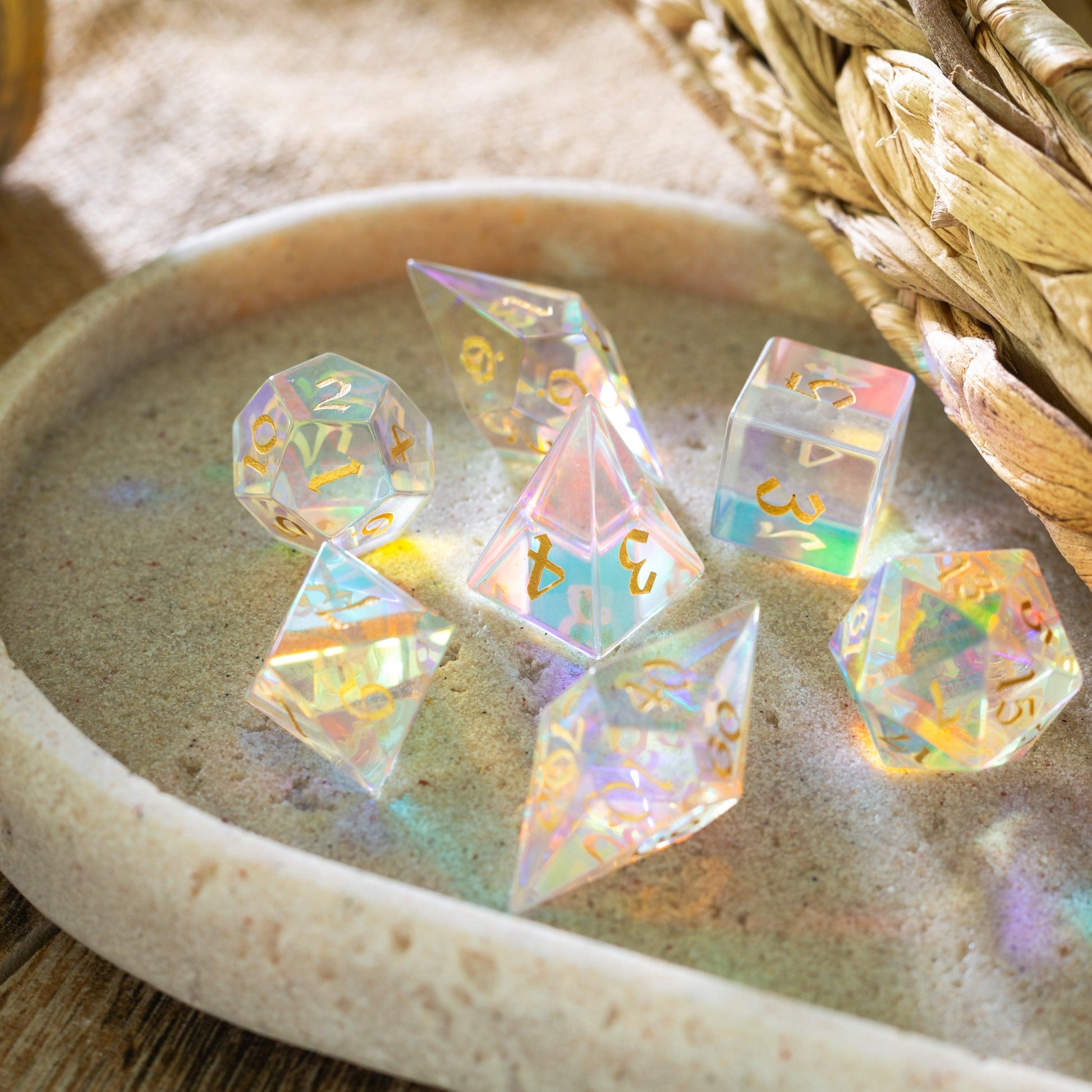 Gemstone Dichroic Glass Elven Cut DND Dice Set Runic Dice