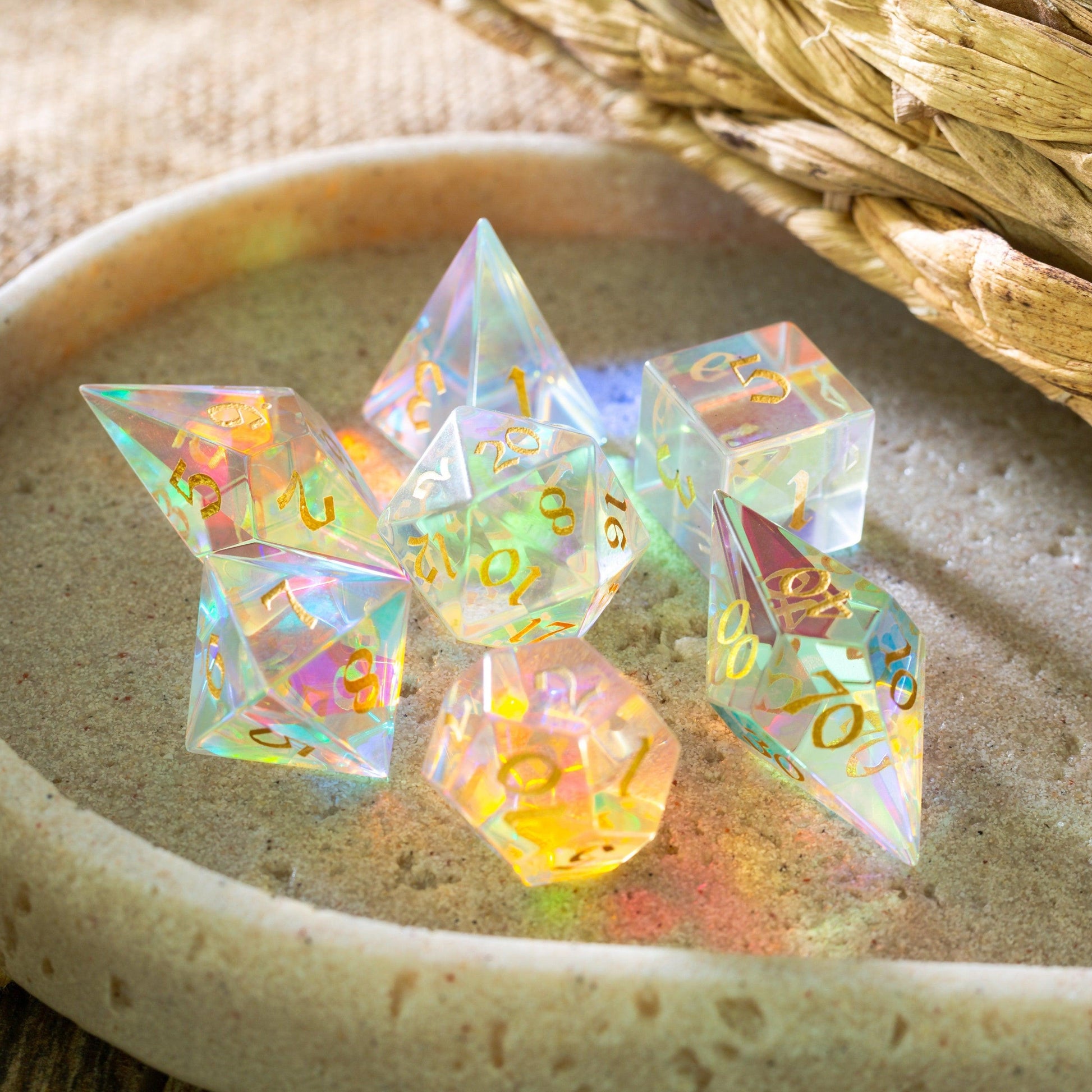 Gemstone Dichroic Glass Elven Cut DND Dice Set Runic Dice