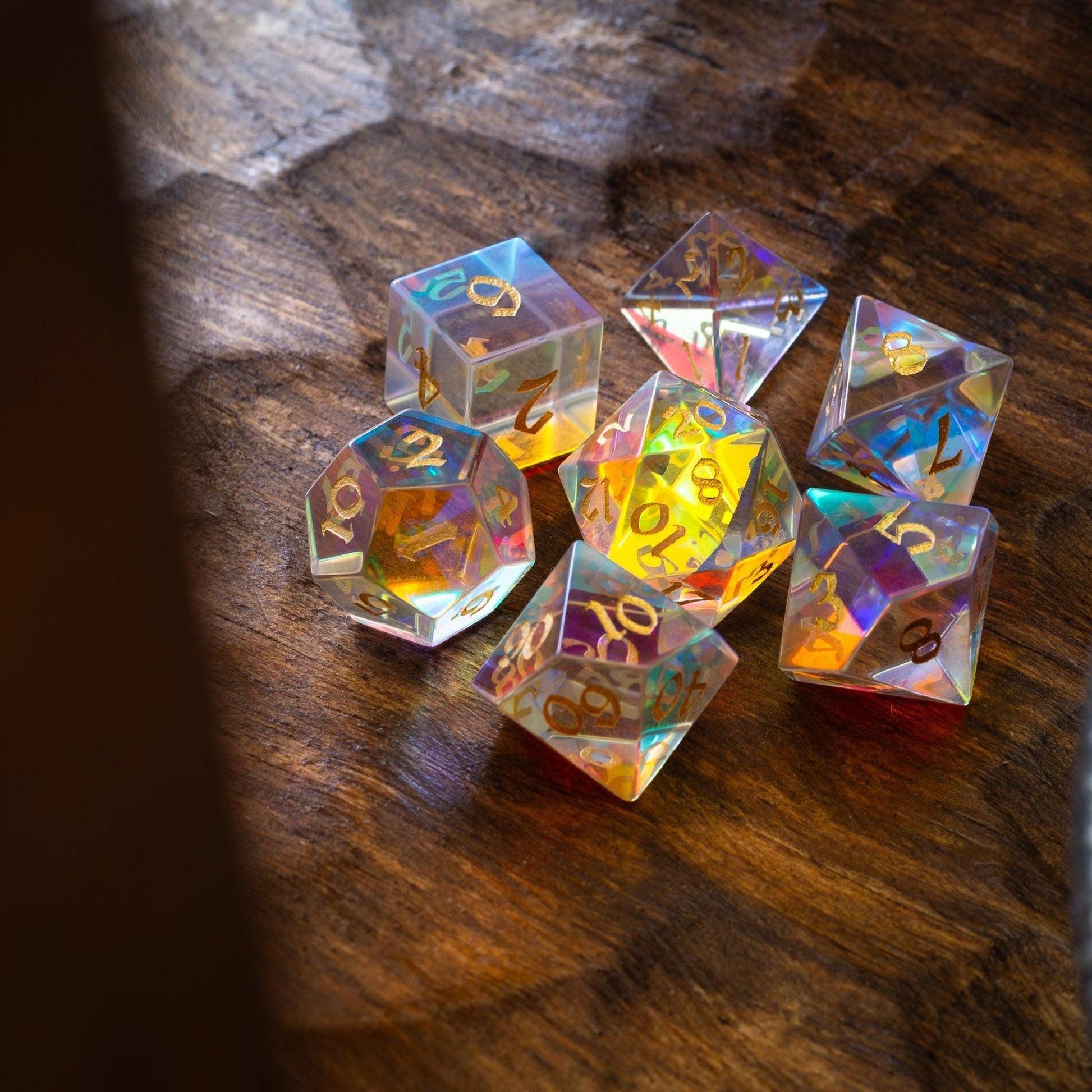 Gemstone Dichroic Glass Hand Carved DND Dice Set Runic Dice