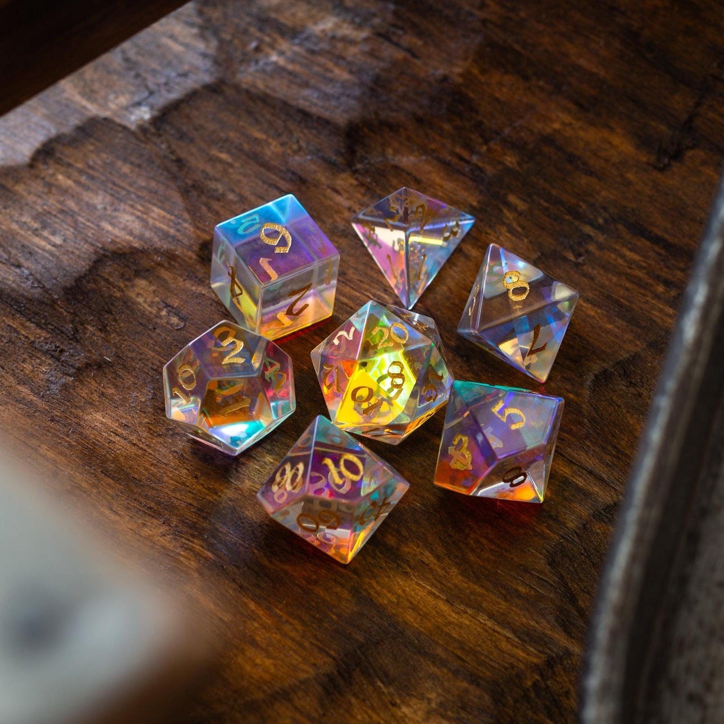 Gemstone Dichroic Glass Hand Carved DND Dice Set Runic Dice