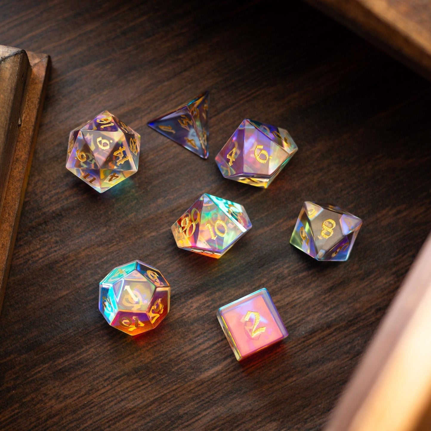 Gemstone Dichroic Glass Hand Carved DND Dice Set Runic Dice