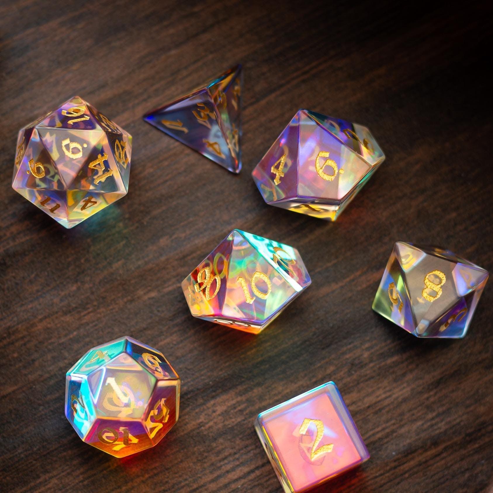 Gemstone Dichroic Glass Hand Carved DND Dice Set Runic Dice