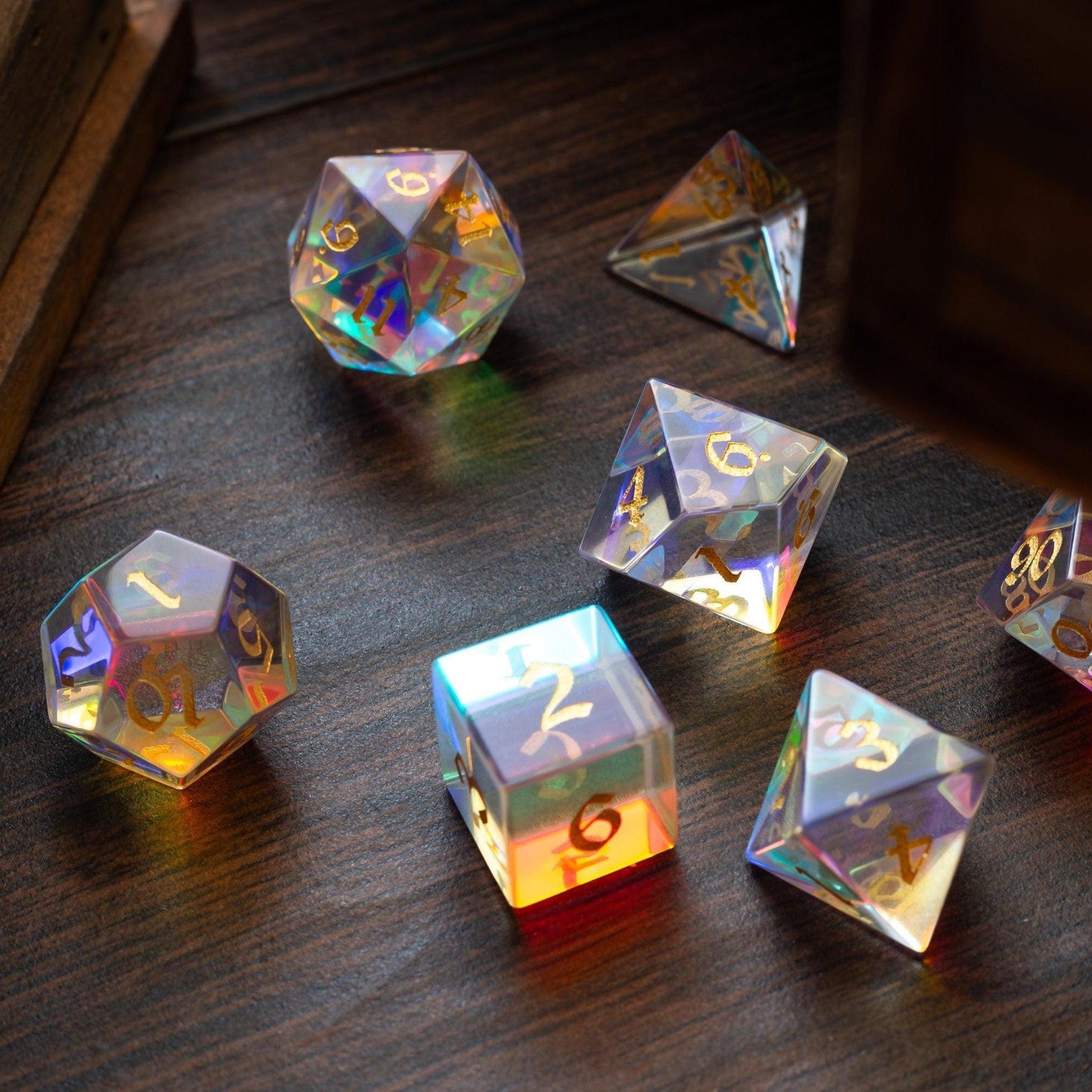 Gemstone Dichroic Glass Hand Carved DND Dice Set Runic Dice