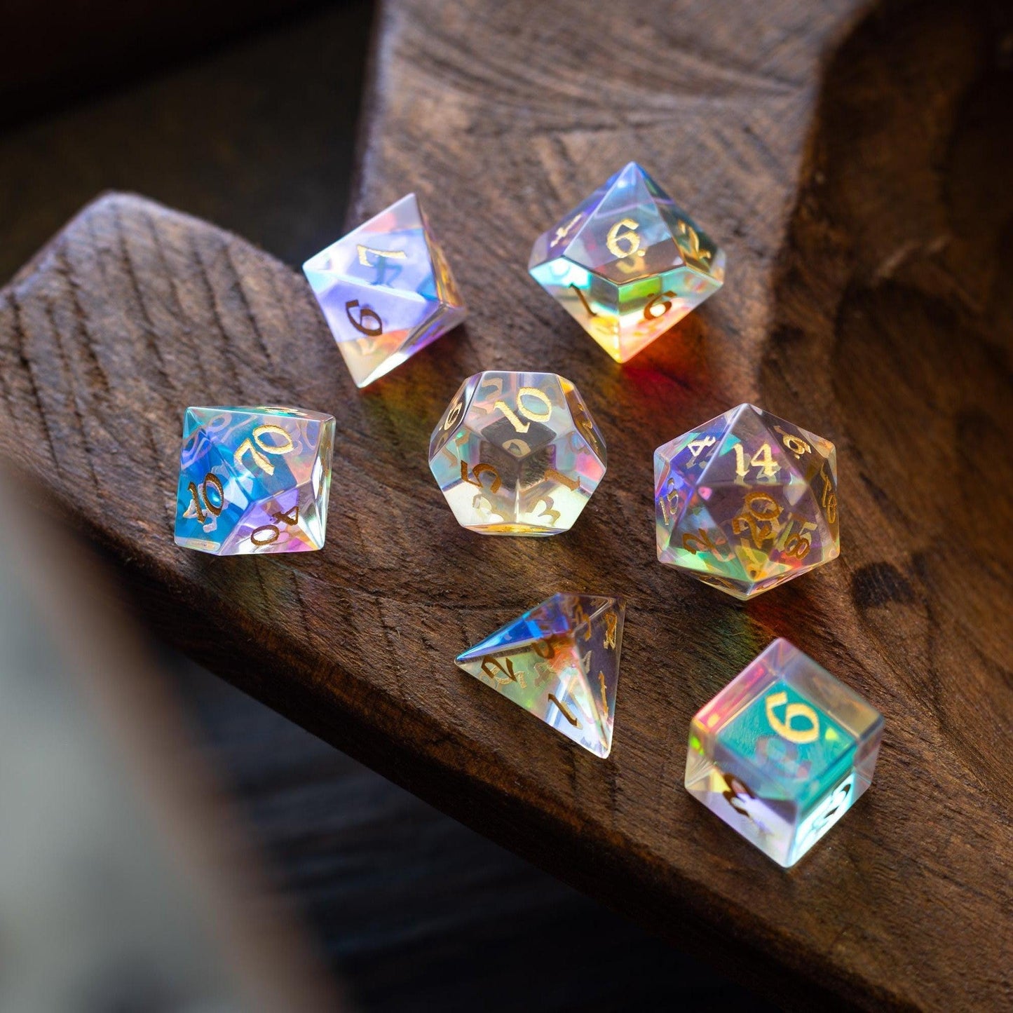 Gemstone Dichroic Glass Hand Carved DND Dice Set Runic Dice