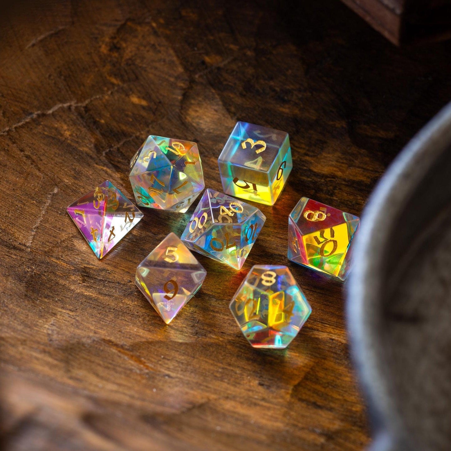 Gemstone Dichroic Glass Hand Carved DND Dice Set Runic Dice