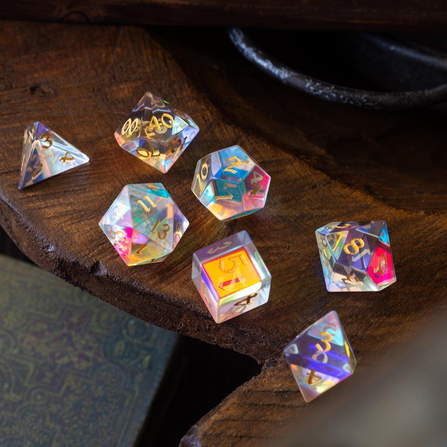Gemstone Dichroic Glass Hand Carved DND Dice Set Runic Dice