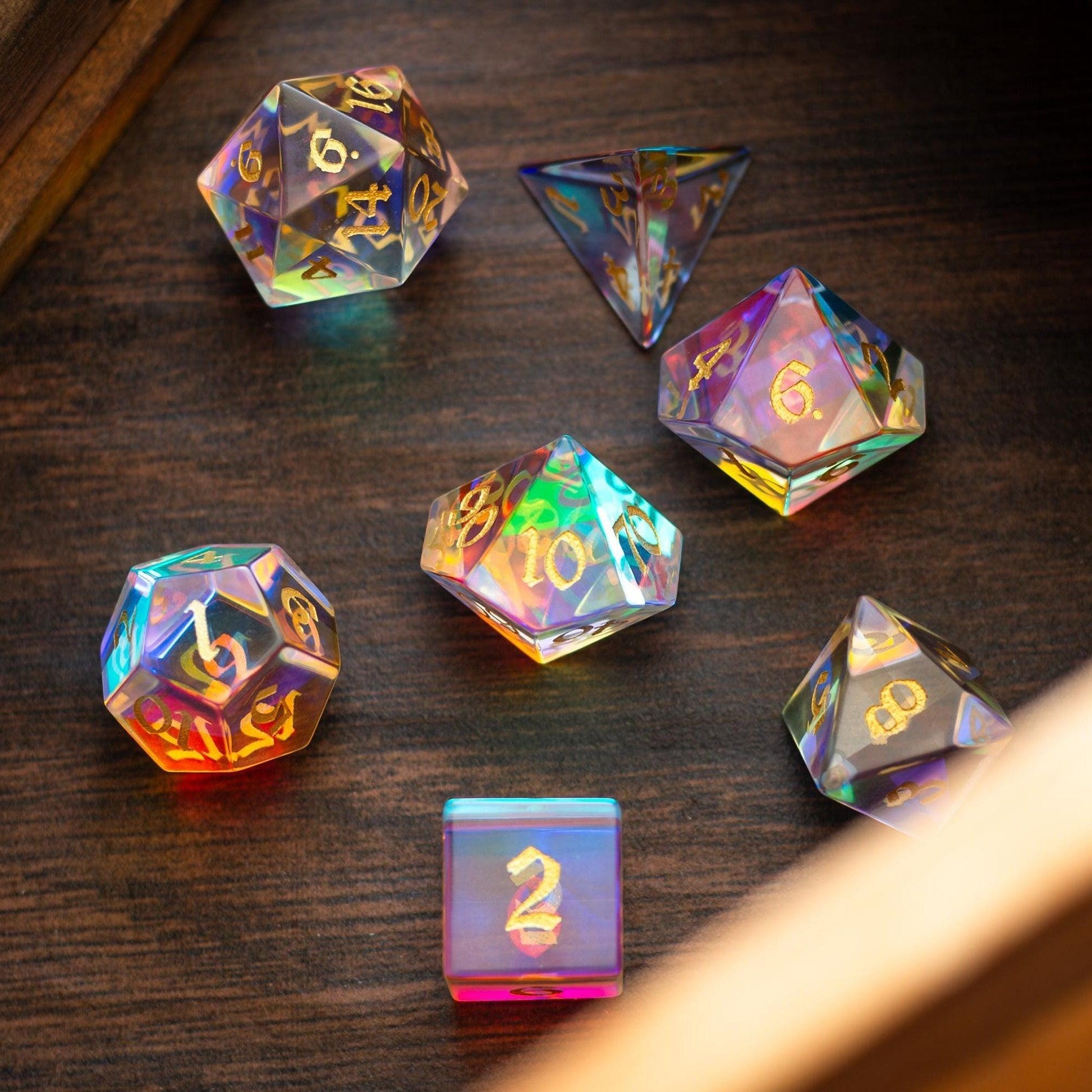 Gemstone Dichroic Glass Hand Carved DND Dice Set Runic Dice
