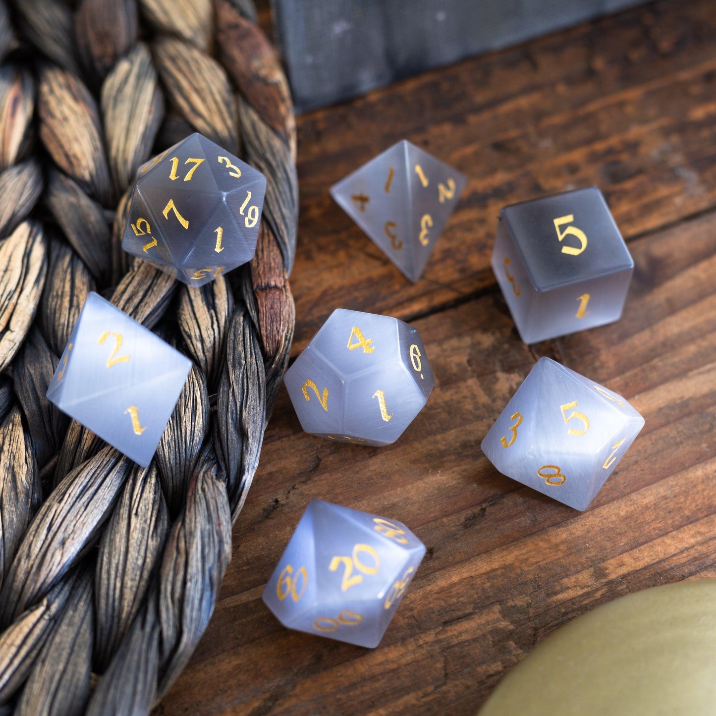 Gemstone Gray Cats Eye Stone DND Dice Set Runic Dice