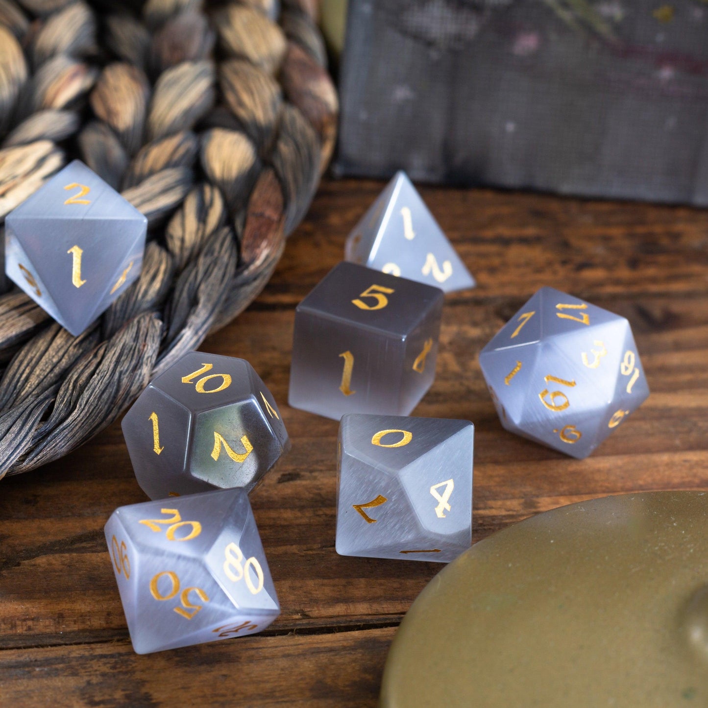 Gemstone Gray Cats Eye Stone DND Dice Set Runic Dice