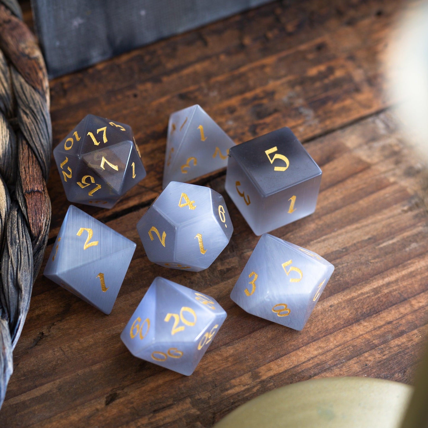 Gemstone Gray Cats Eye Stone DND Dice Set Runic Dice