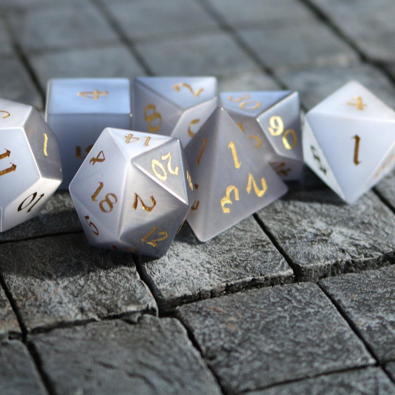 Gemstone Gray Cats Eye Stone DND Dice Set Runic Dice