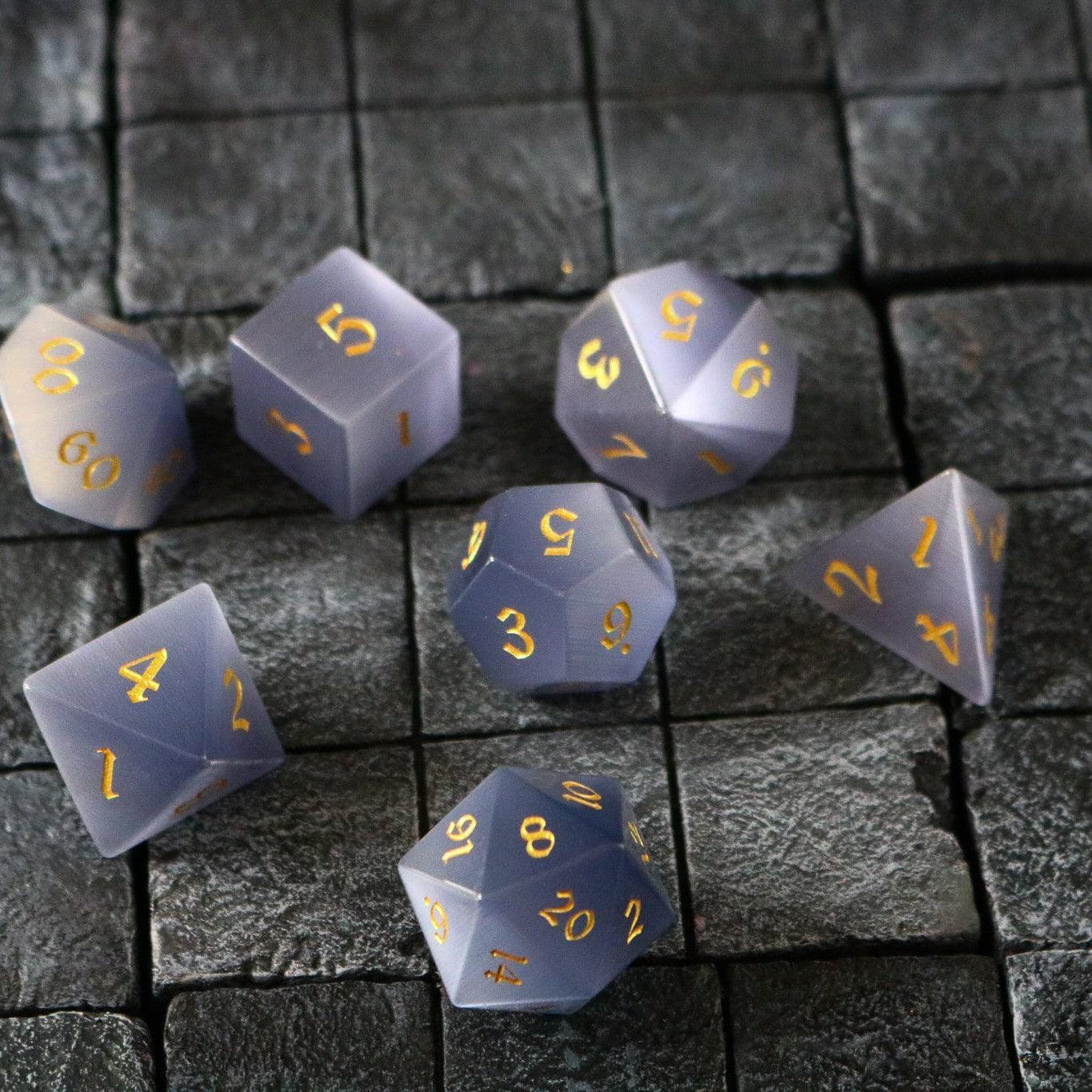 Gemstone Gray Cats Eye Stone DND Dice Set Runic Dice