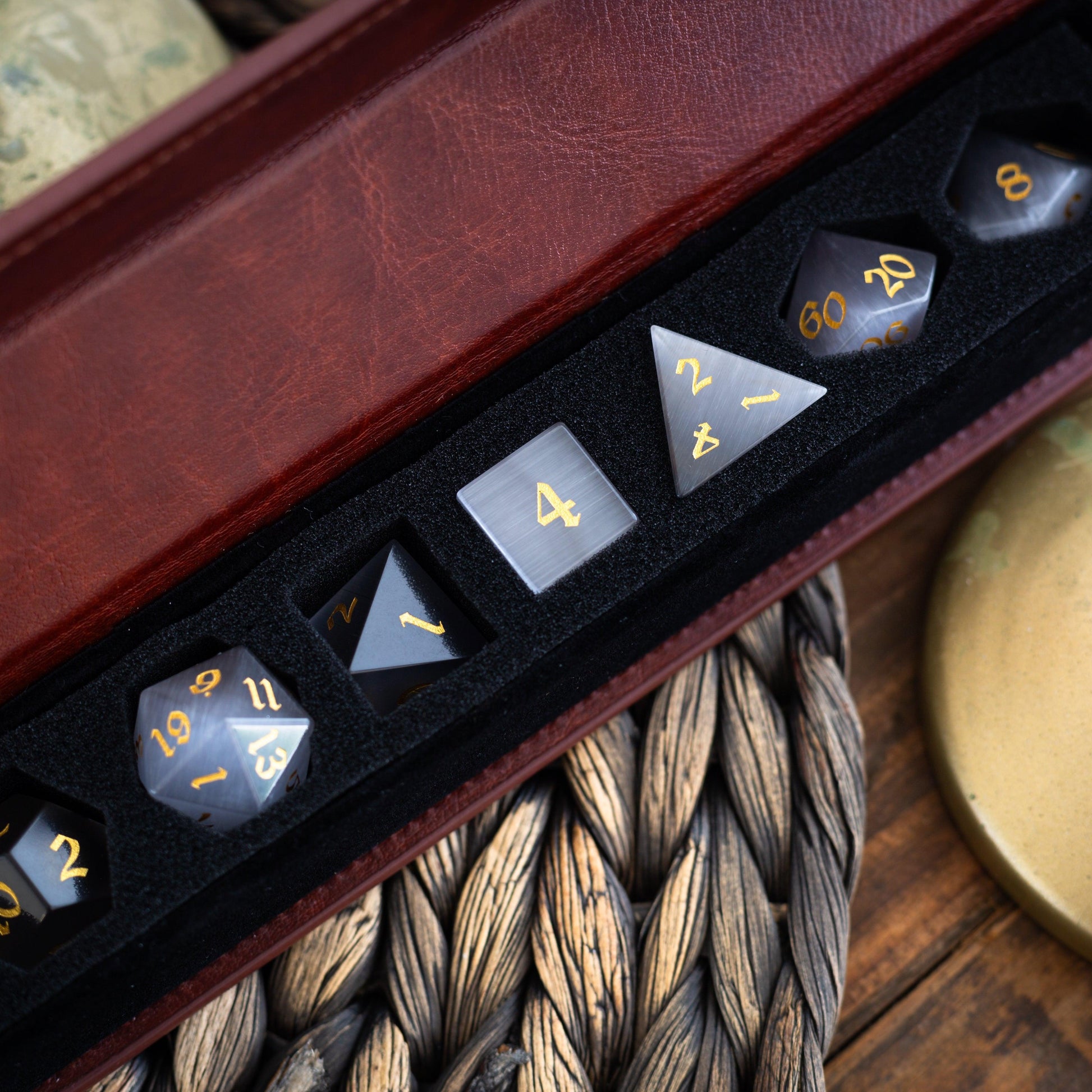 Gemstone Gray Cats Eye Stone DND Dice Set Runic Dice