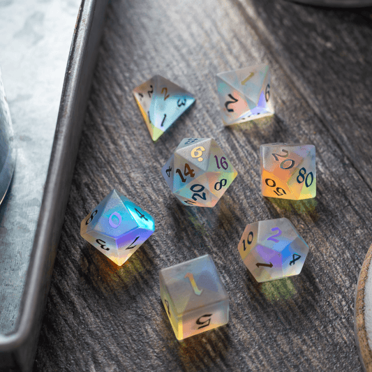 Gemstone (Inked) Raised Dichroic Glass DND Dice Set Runic Dice