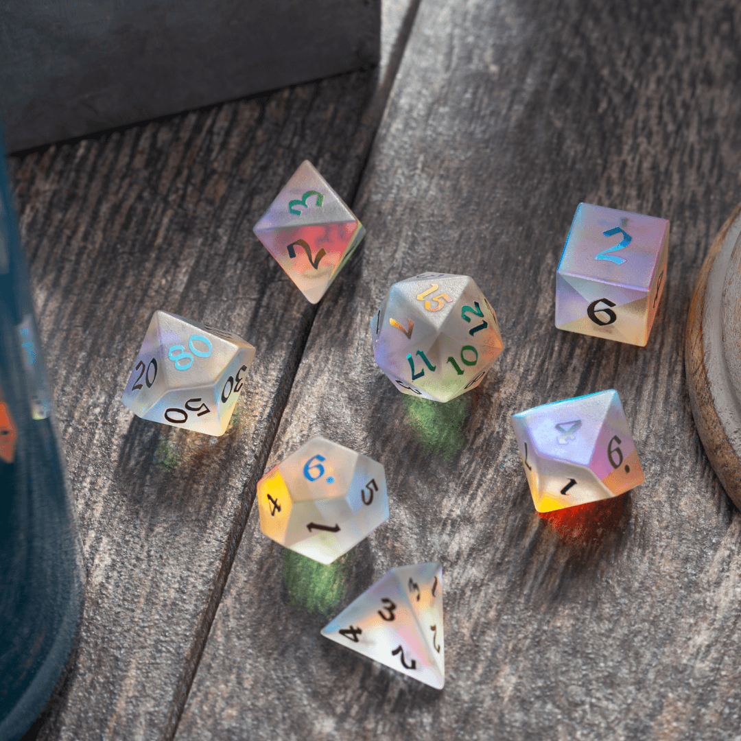 Gemstone (Inked) Raised Dichroic Glass DND Dice Set Runic Dice