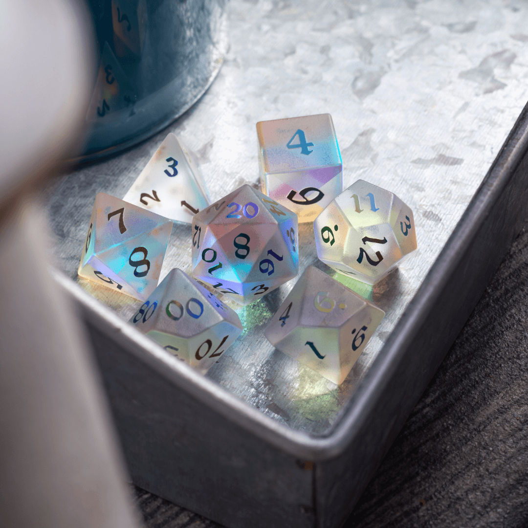 Gemstone (Inked) Raised Dichroic Glass DND Dice Set Runic Dice