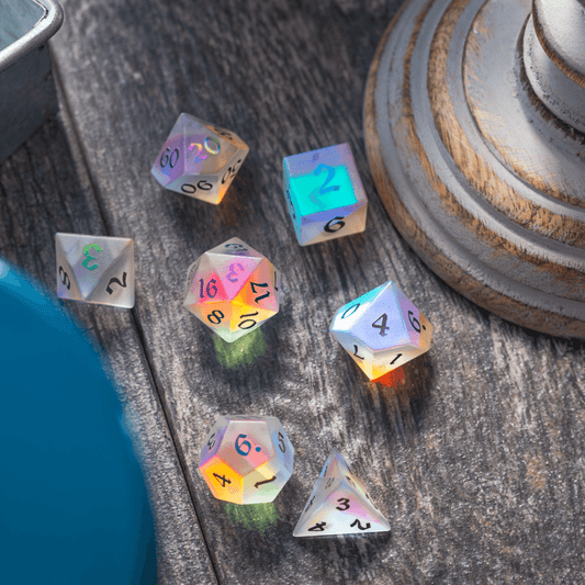 Gemstone (Inked) Raised Dichroic Glass DND Dice Set Runic Dice