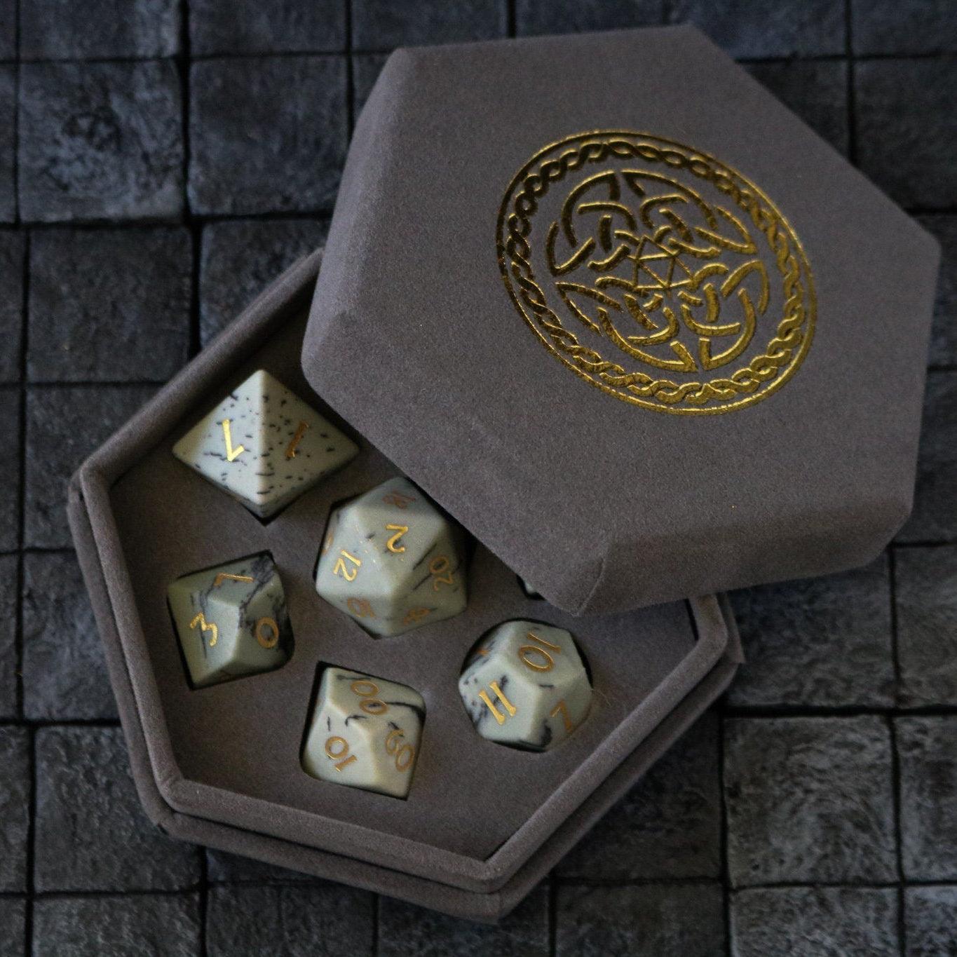 Gemstone Jasper Hand Carved (And Box) DND Dice Set Runic Dice