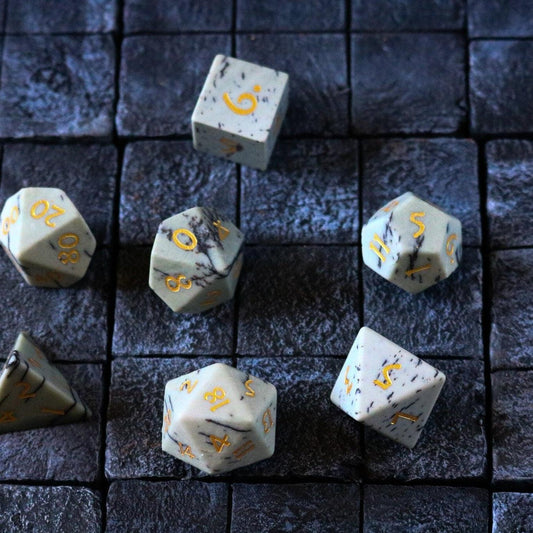 Gemstone Jasper Hand Carved (And Box) DND Dice Set Runic Dice