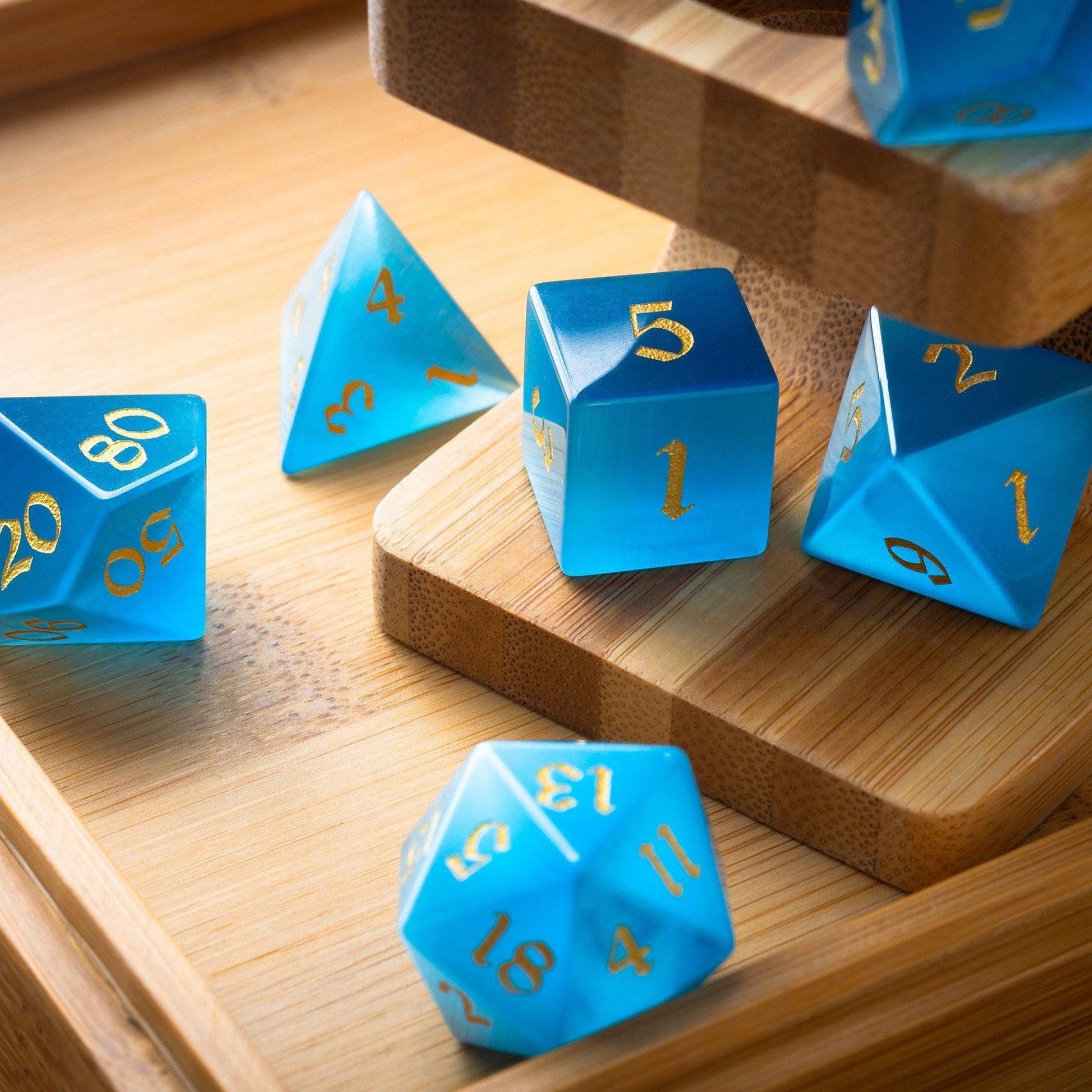 Gemstone Light Blue Cats Eye Stone Hand Carved DND Dice Set Runic Dice