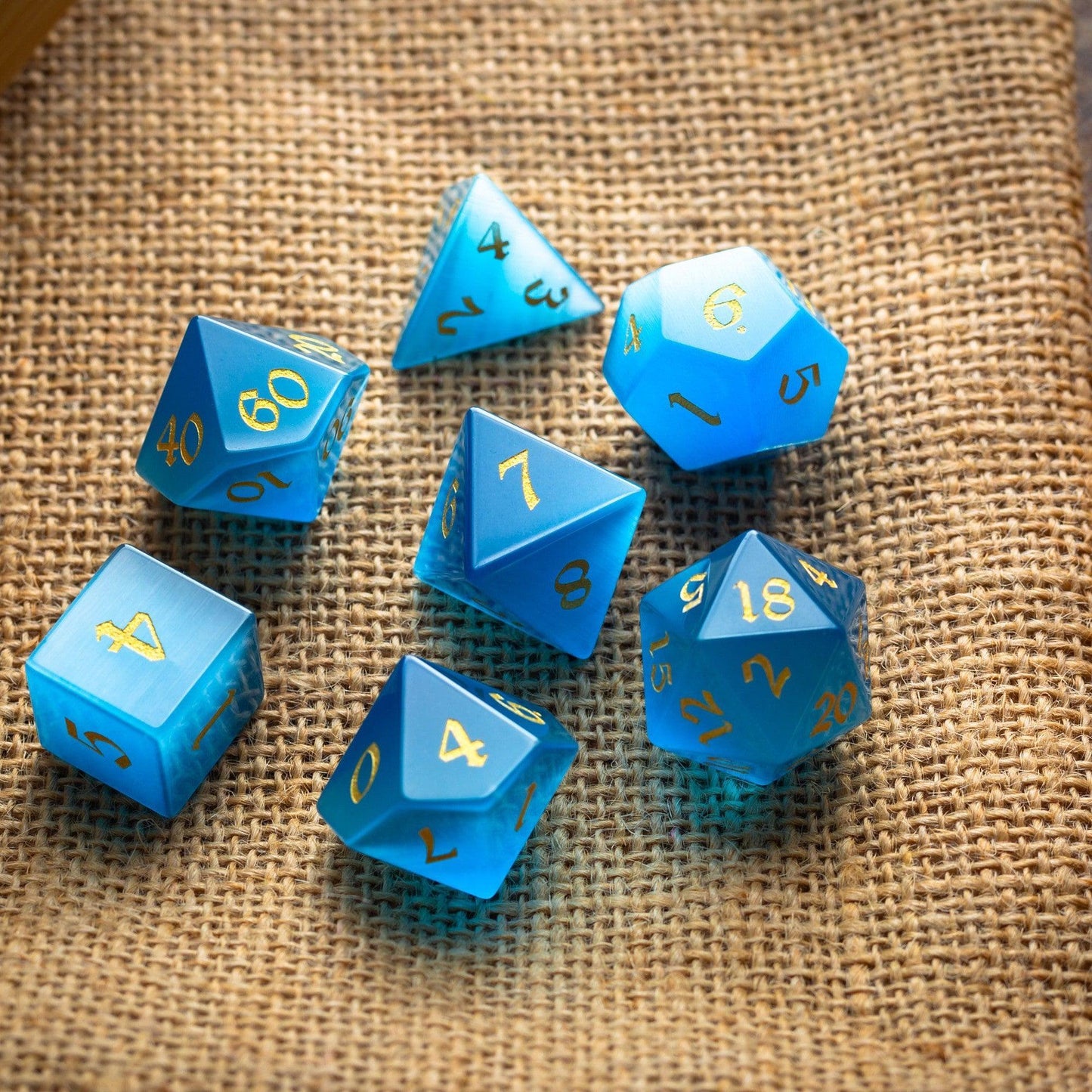 Gemstone Light Blue Cats Eye Stone Hand Carved DND Dice Set Runic Dice
