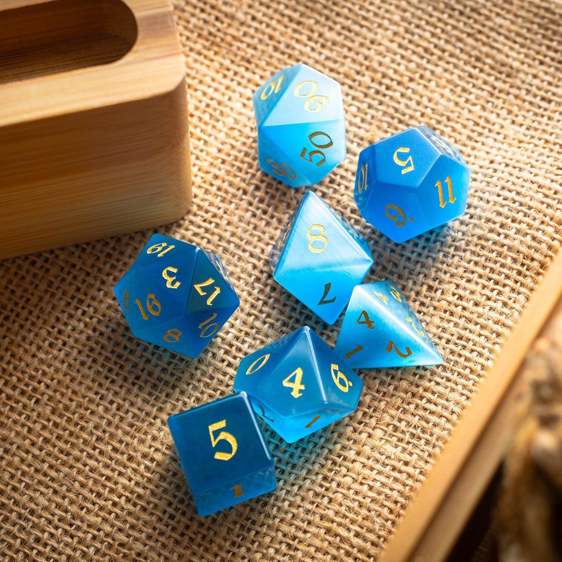 Gemstone Light Blue Cats Eye Stone Hand Carved DND Dice Set Runic Dice