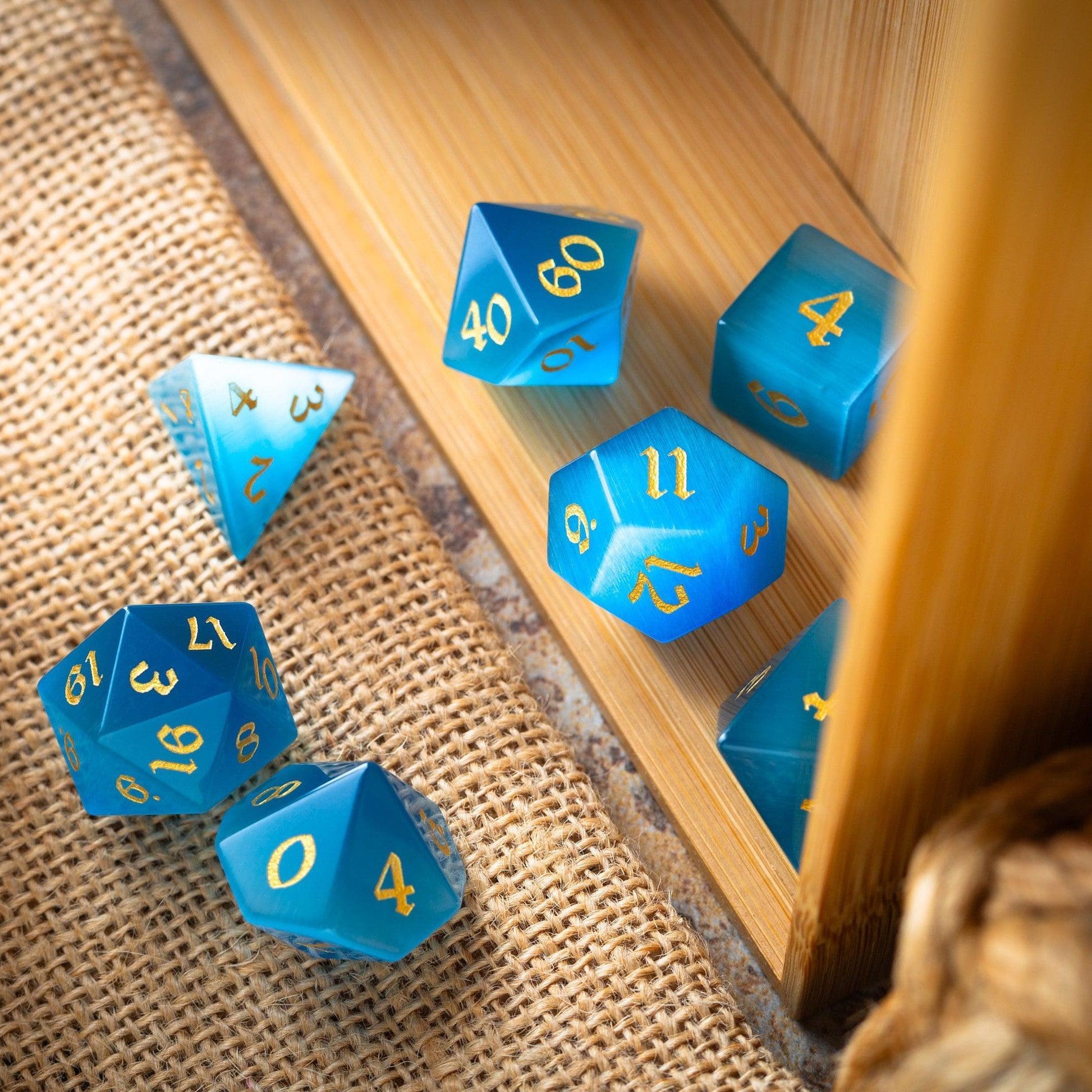 Gemstone Light Blue Cats Eye Stone Hand Carved DND Dice Set Runic Dice