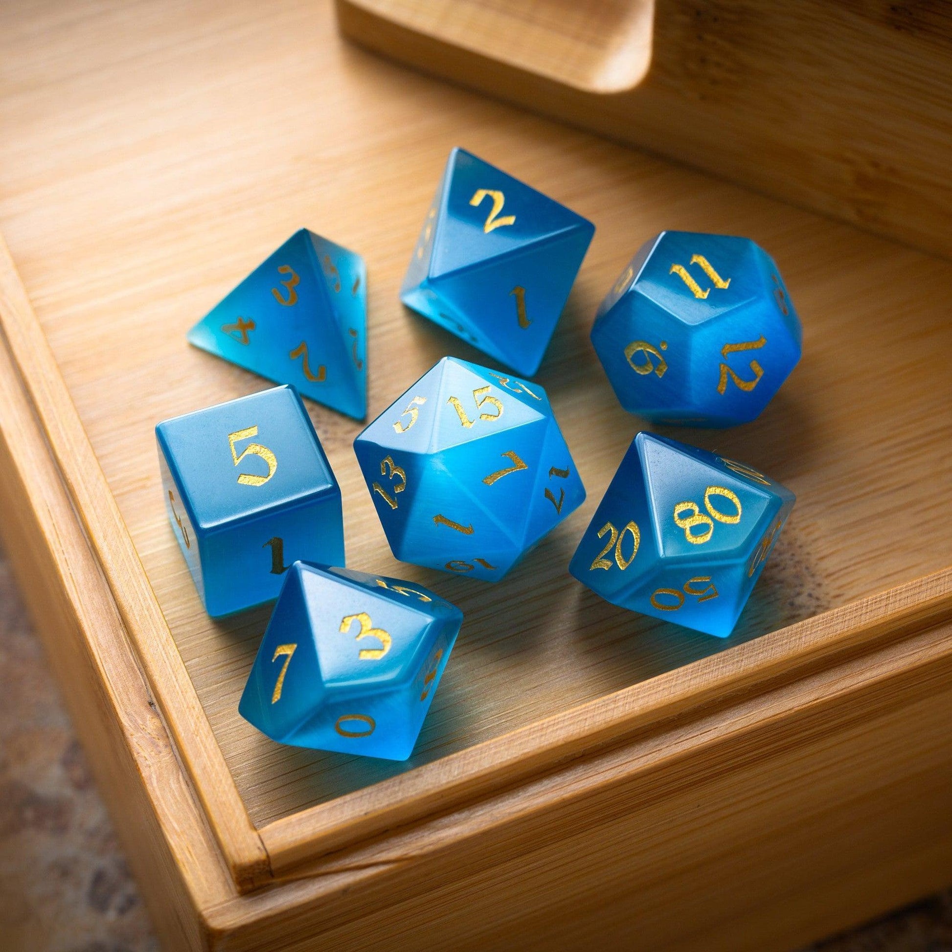 Gemstone Light Blue Cats Eye Stone Hand Carved DND Dice Set Runic Dice