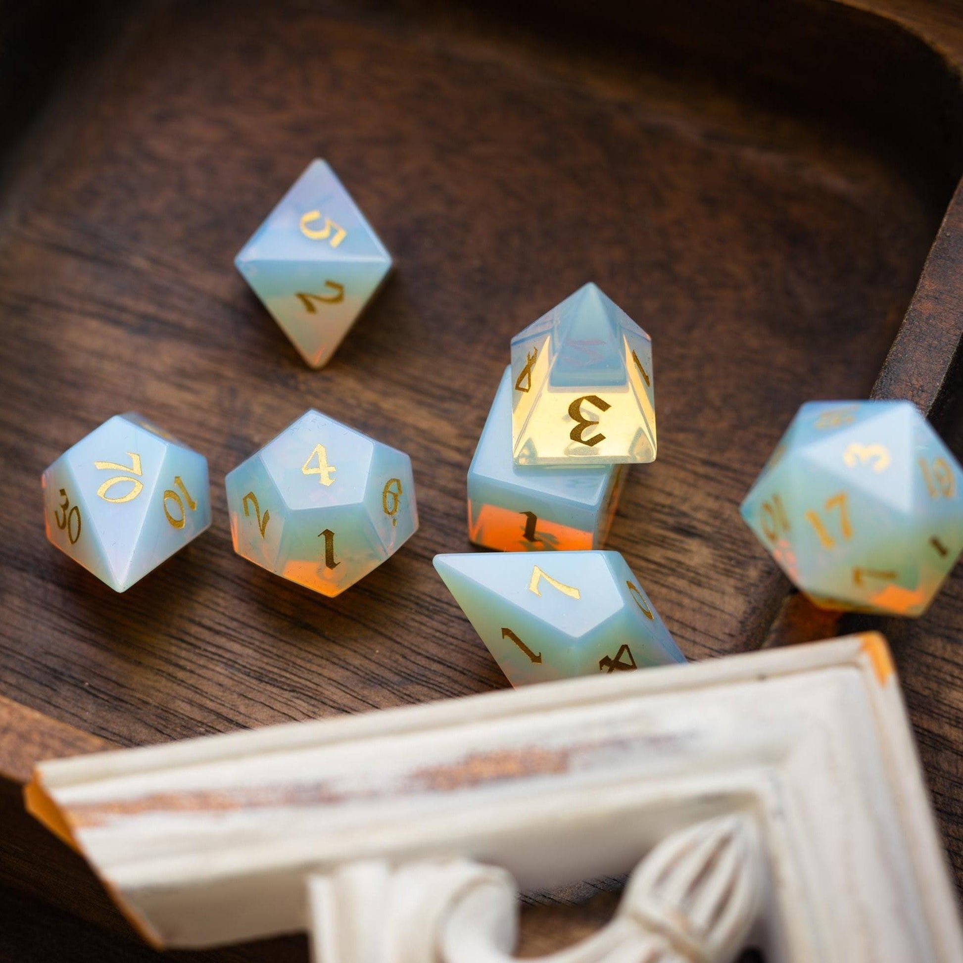 Gemstone Opalite Elven Cut DND Dice Set Runic Dice