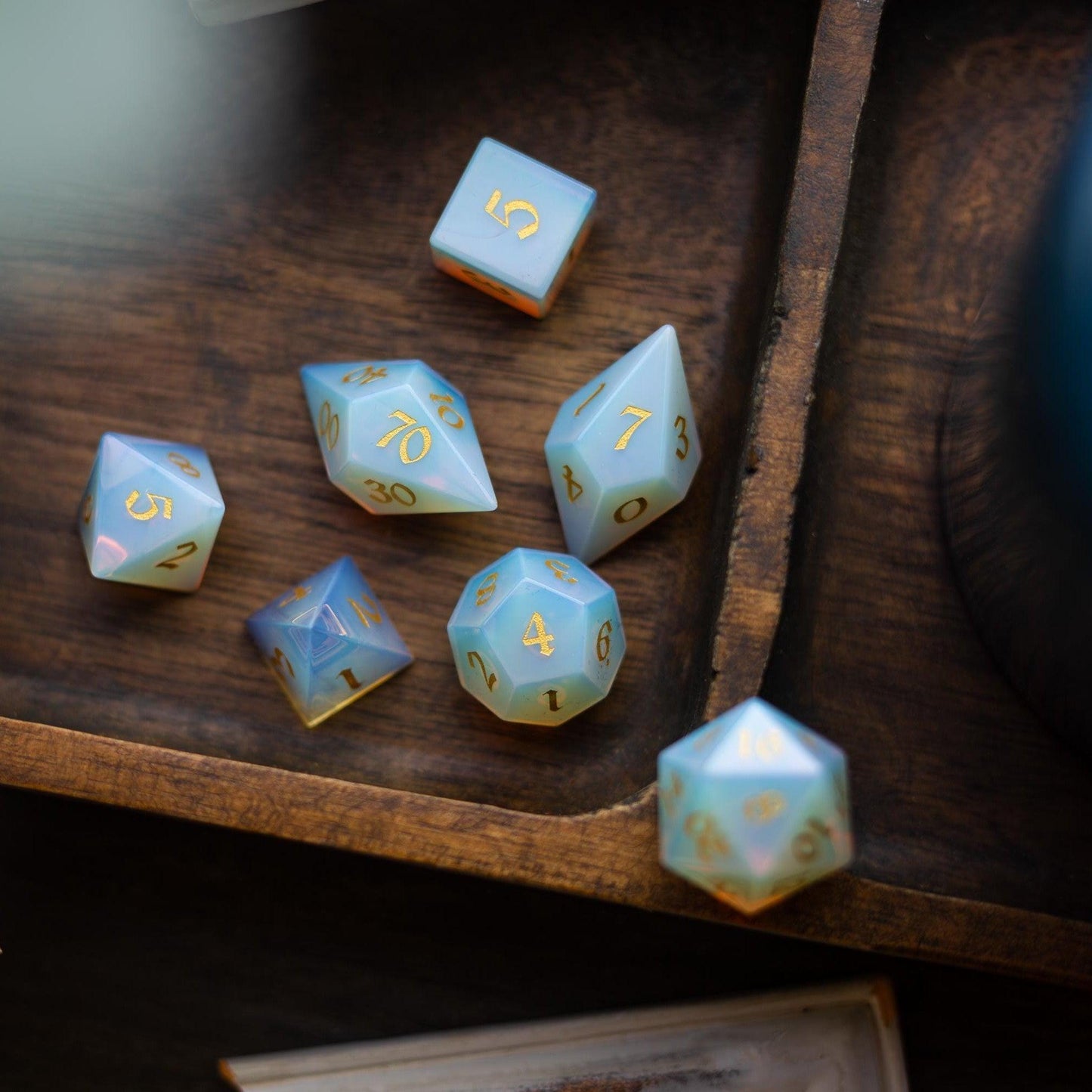 Gemstone Opalite Elven Cut DND Dice Set Runic Dice
