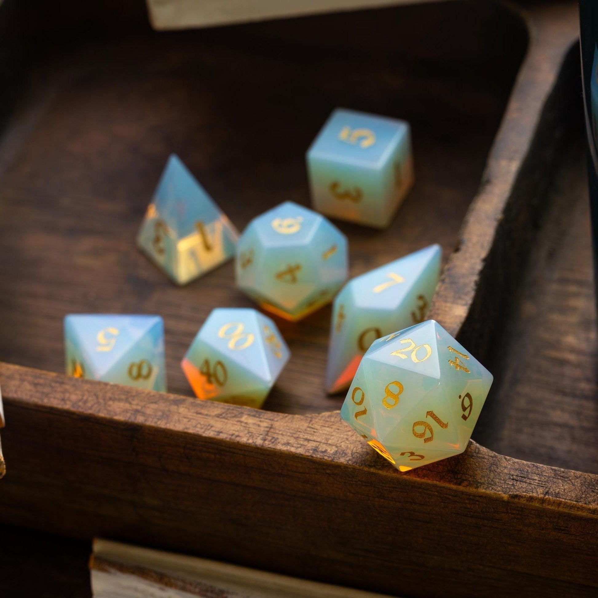 Gemstone Opalite Elven Cut DND Dice Set Runic Dice