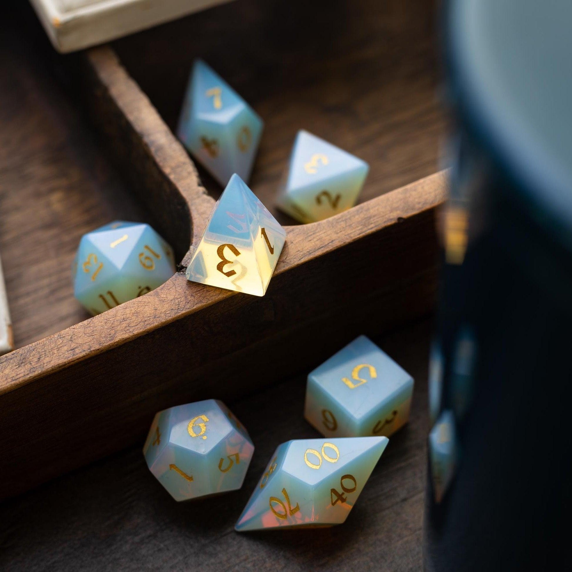 Gemstone Opalite Elven Cut DND Dice Set Runic Dice