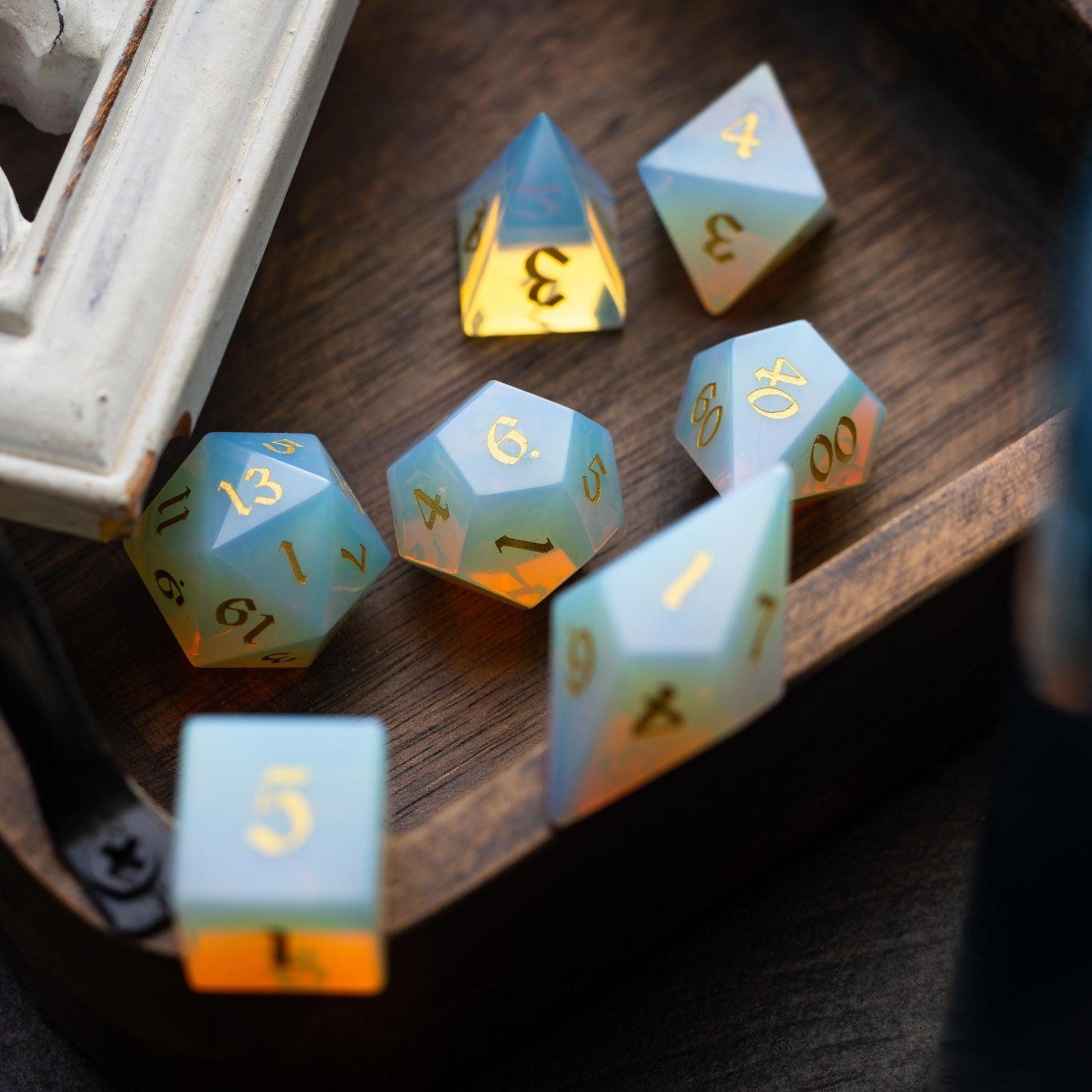 Gemstone Opalite Elven Cut DND Dice Set Runic Dice