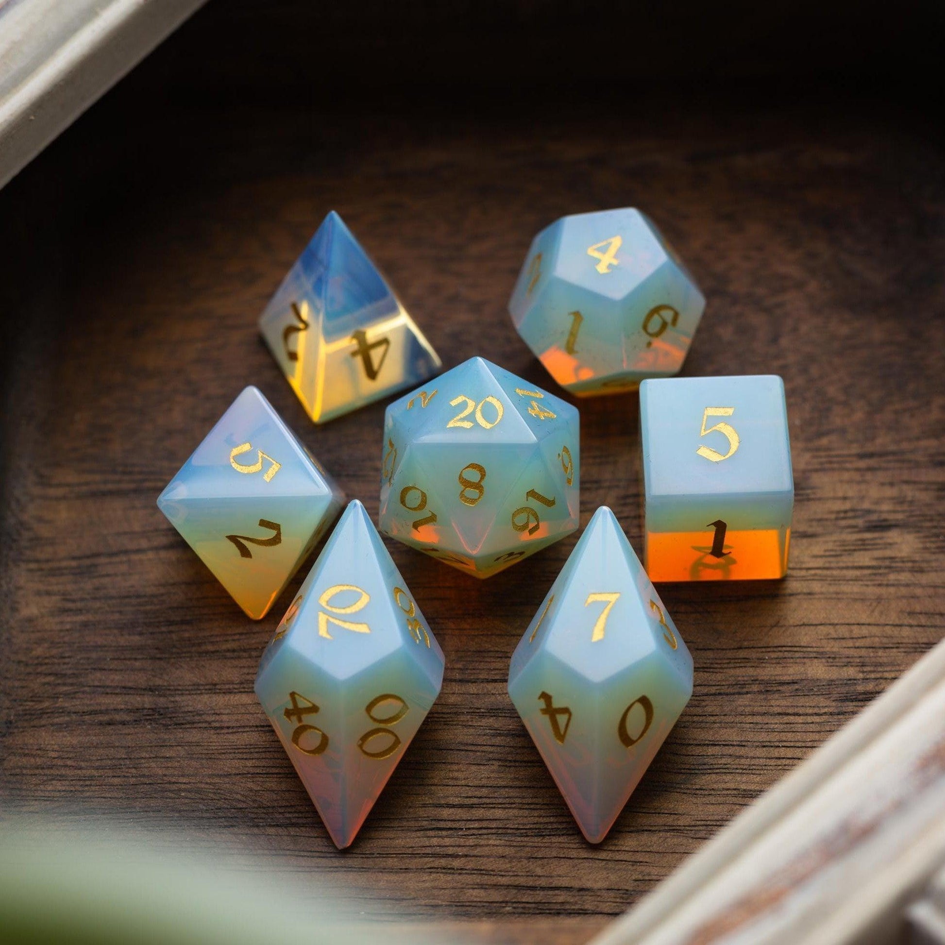 Gemstone Opalite Elven Cut DND Dice Set Runic Dice