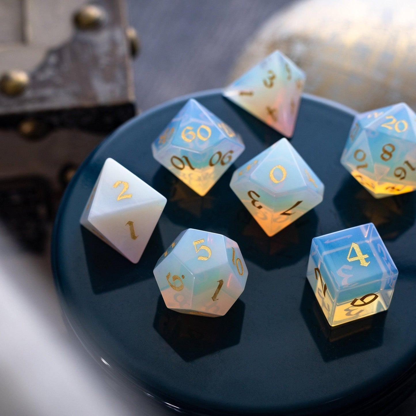 Gemstone Opalite (Gold Font) Hand Carved DND Dice Set Runic Dice
