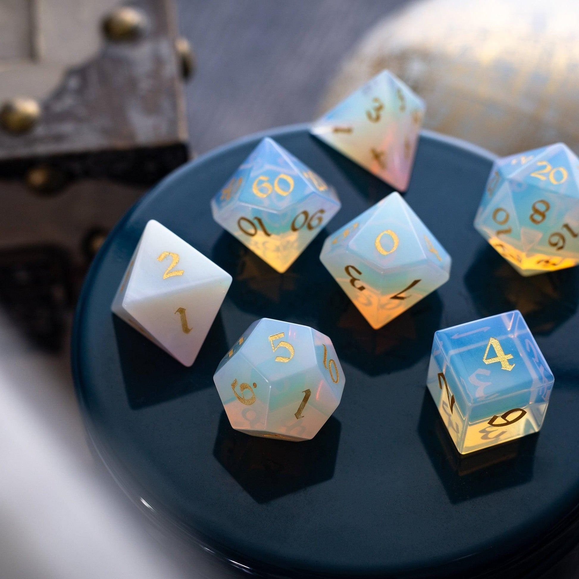 Gemstone Opalite (Gold Font) Hand Carved DND Dice Set Runic Dice