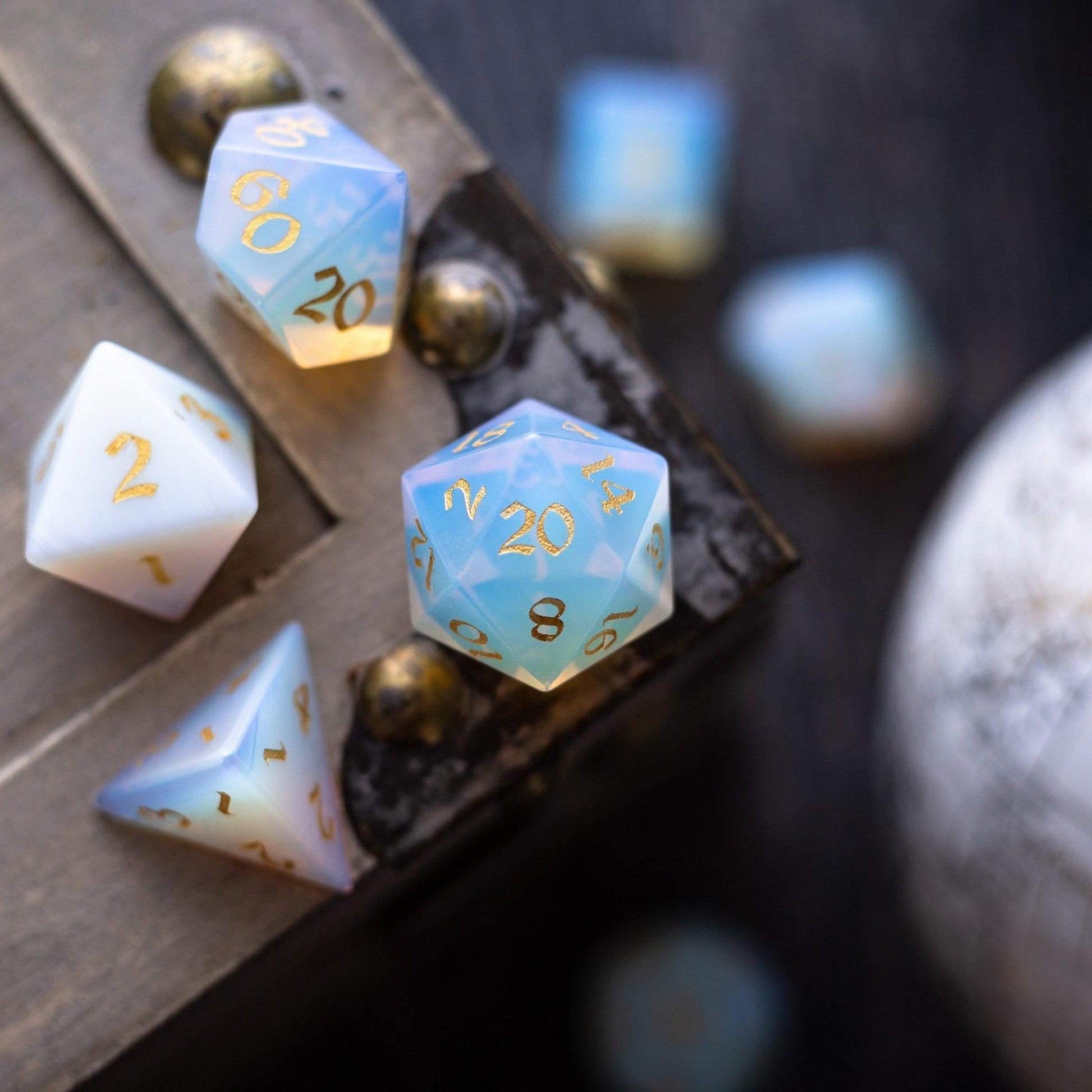 Gemstone Opalite (Gold Font) Hand Carved DND Dice Set Runic Dice