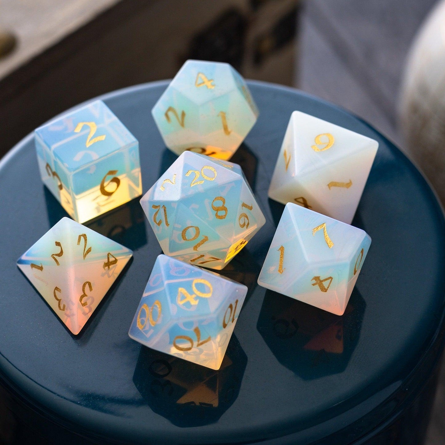 Gemstone Opalite (Gold Font) Hand Carved DND Dice Set Runic Dice