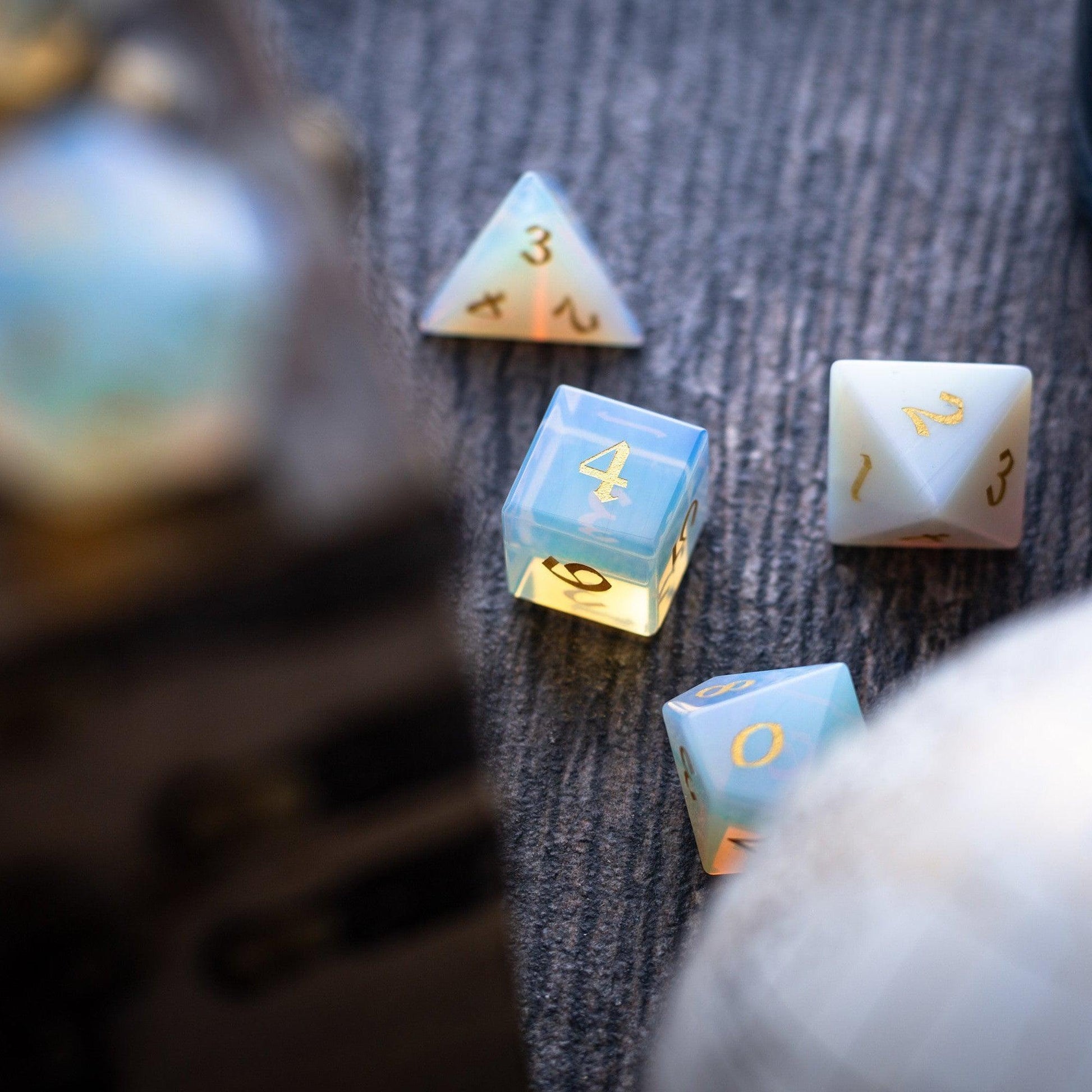 Gemstone Opalite (Gold Font) Hand Carved DND Dice Set Runic Dice