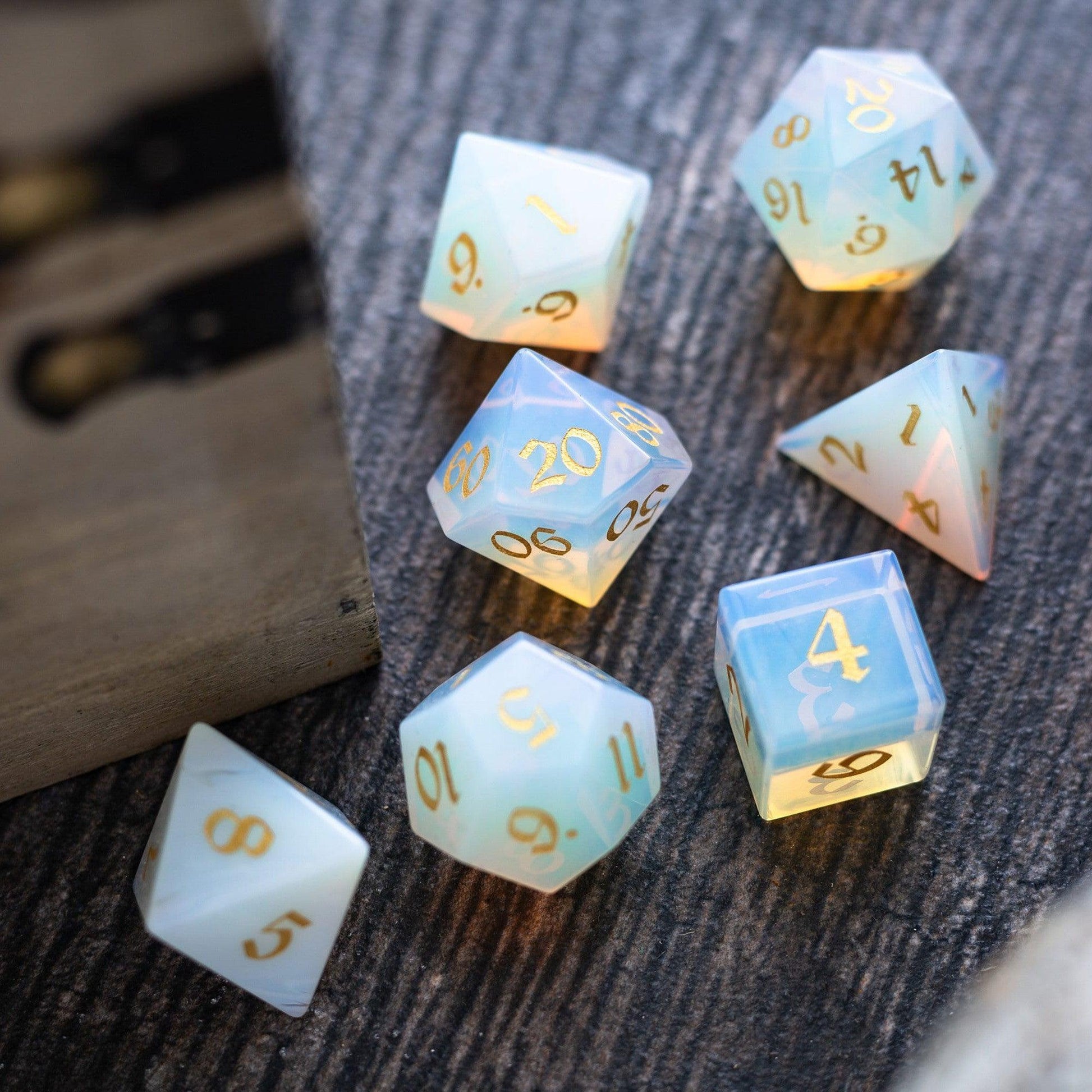 Gemstone Opalite (Gold Font) Hand Carved DND Dice Set Runic Dice