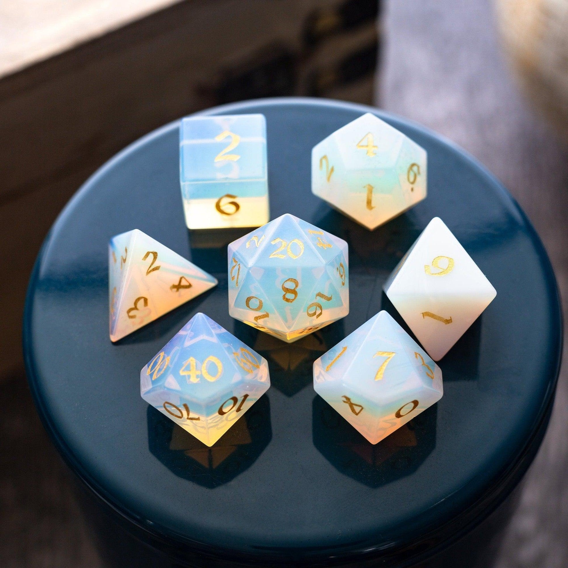 Gemstone Opalite (Gold Font) Hand Carved DND Dice Set Runic Dice