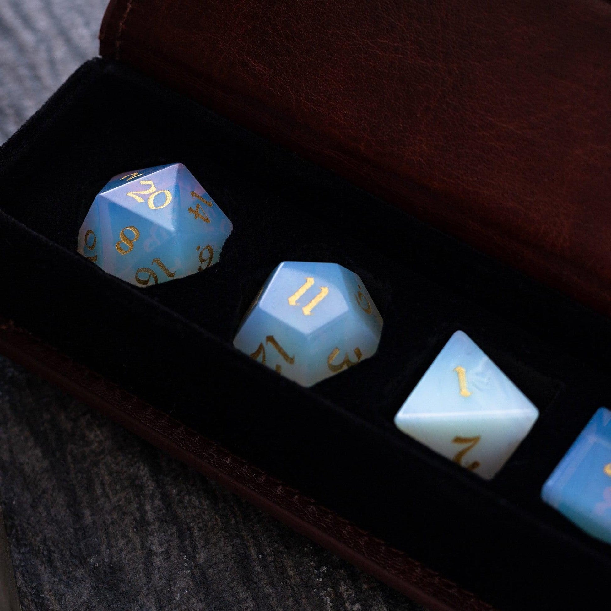Gemstone Opalite (Gold Font) Hand Carved DND Dice Set Runic Dice