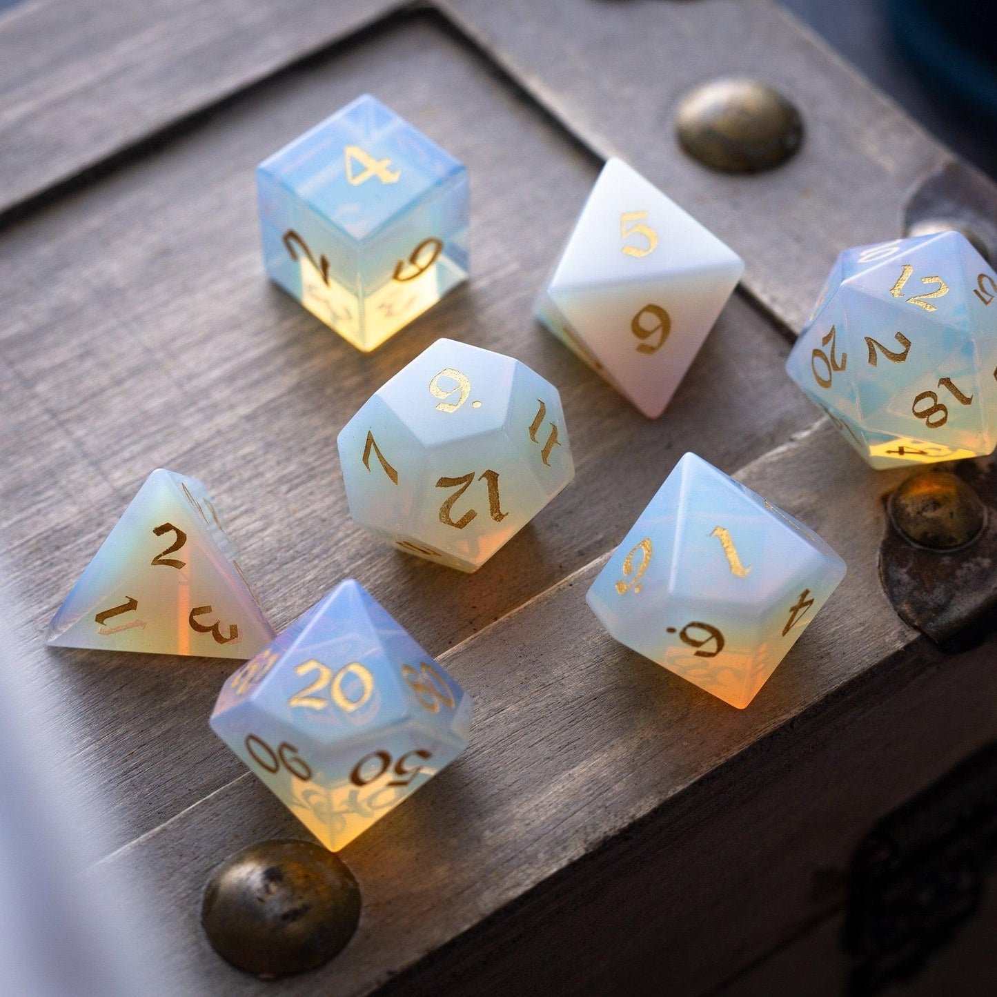 Gemstone Opalite (Gold Font) Hand Carved DND Dice Set Runic Dice