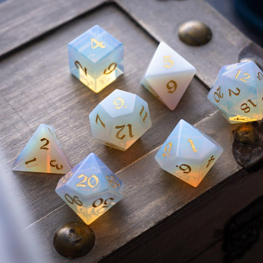 Gemstone Opalite (Gold Font) Hand Carved DND Dice Set Runic Dice