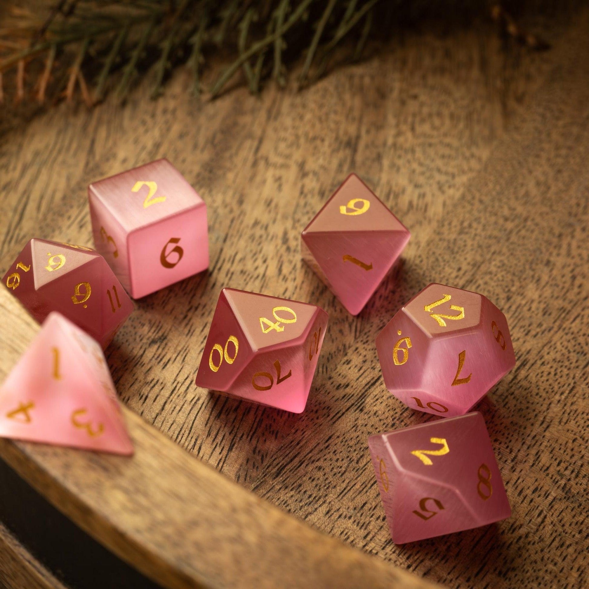 Gemstone Pink Watermelon Cats Eye Stone Hand Carved DND Dice Set Runic Dice
