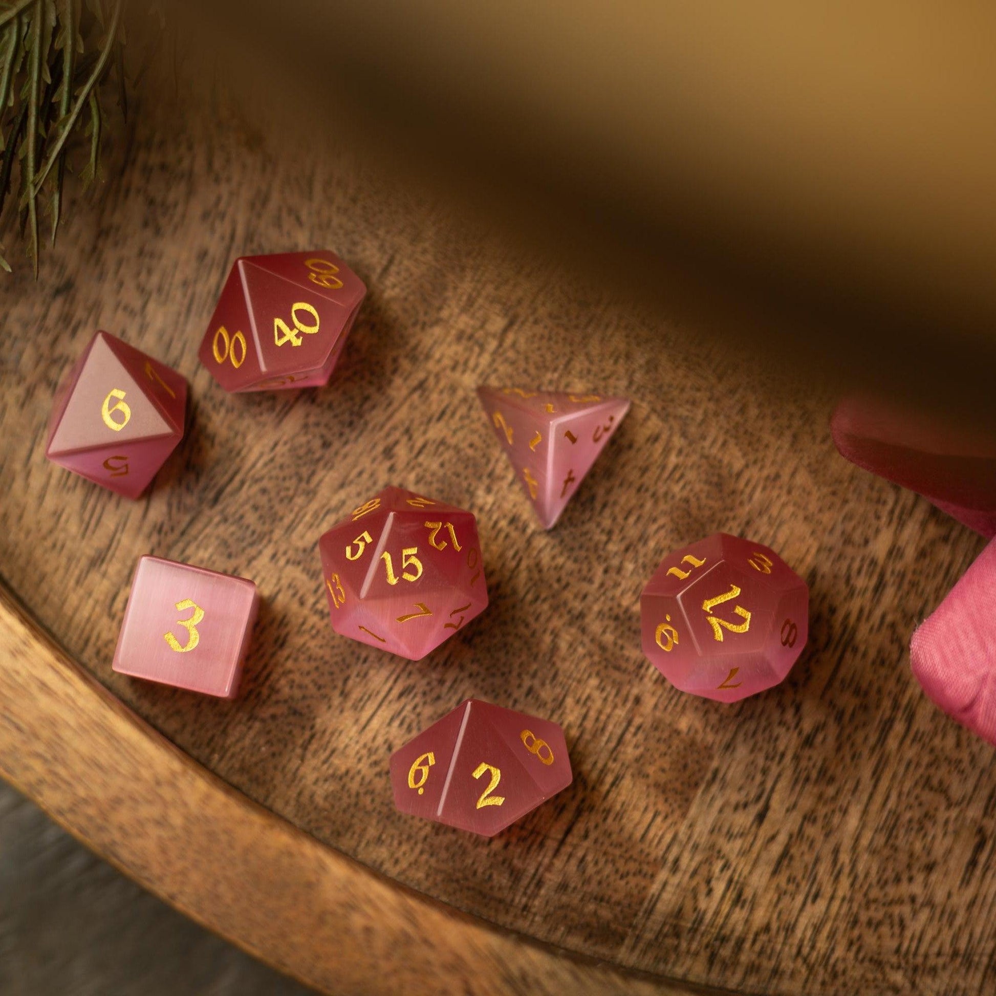 Gemstone Pink Watermelon Cats Eye Stone Hand Carved DND Dice Set Runic Dice