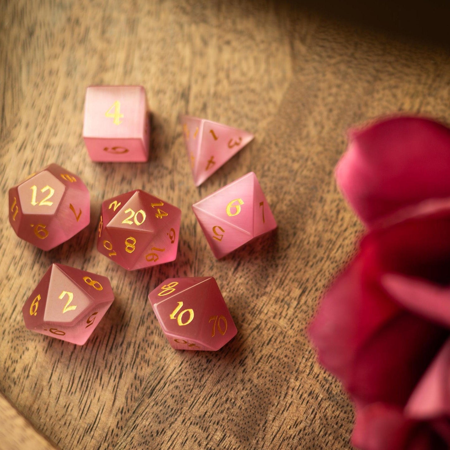 Gemstone Pink Watermelon Cats Eye Stone Hand Carved DND Dice Set Runic Dice